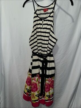 ELLE Black & White Striped Midi Dress with Pink Floral Border